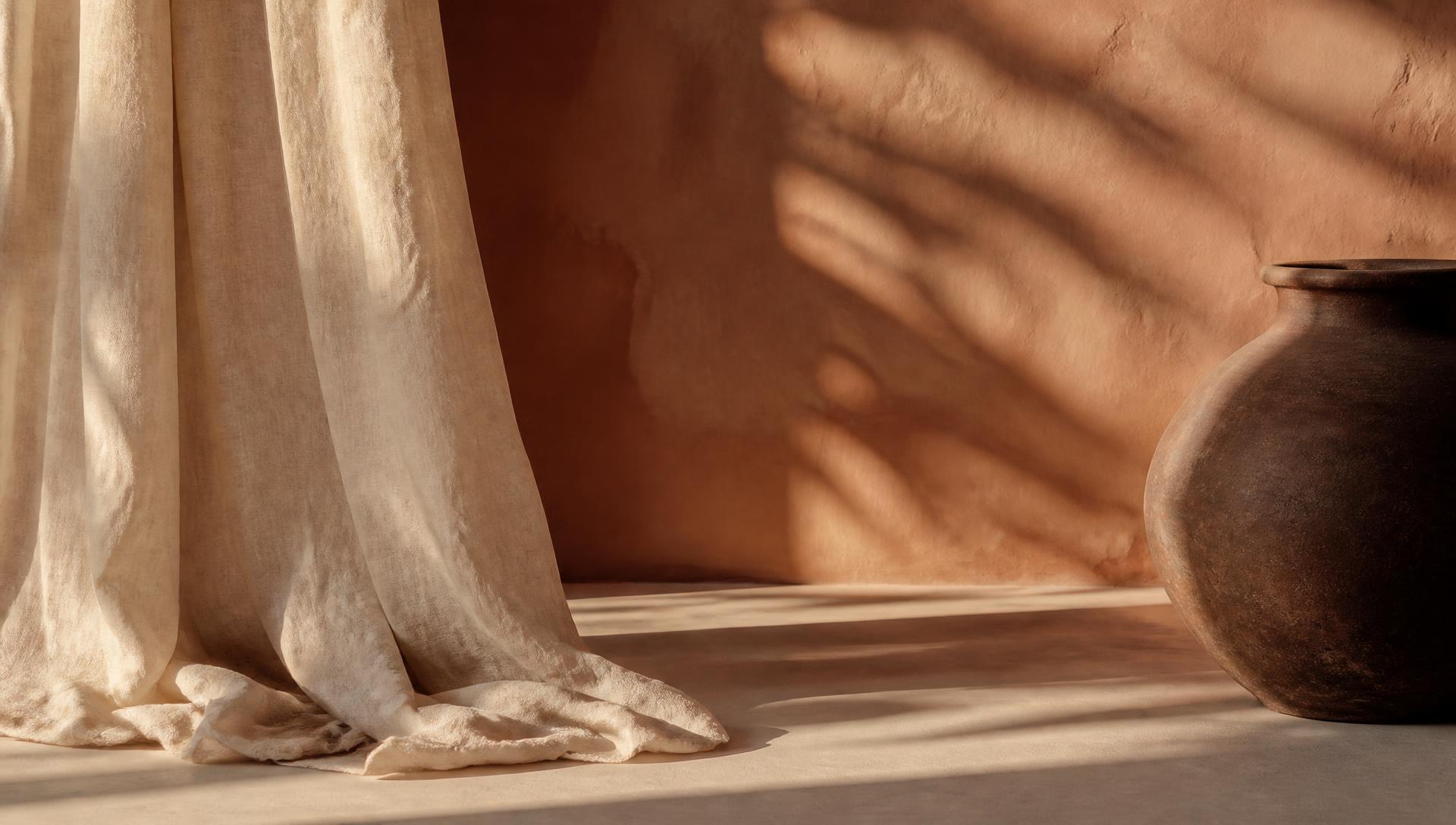Ivory linen and terracotta plaster in warm afternoon light